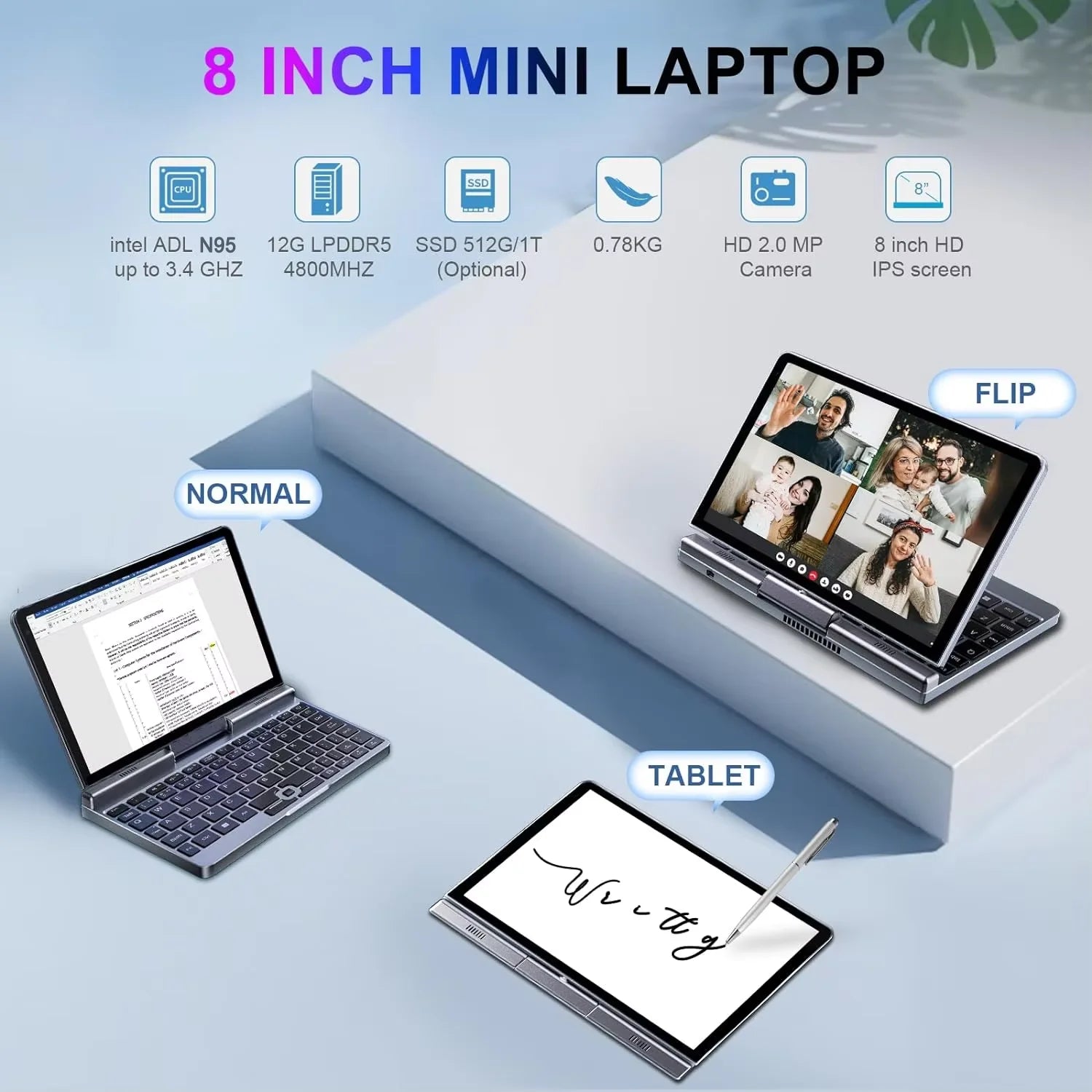 Portable Mini Laptop windows OS 8 Inch Touch Screen Notebook N95 12GB+1TB IPS Small Notebook Portable PC Micro Computer