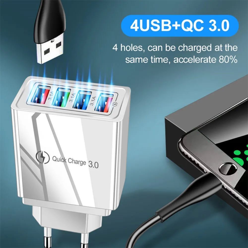Universal EU Plug USB Charger Quick Charge 3.0 4 Ports Wall Charger Fast Charging For IPhone Xiaomi Huawei Phone Charger Adapter