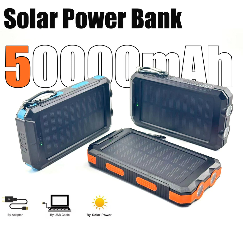 Solar Power Bank 50000mAh Portable Charging Poverbank External Battery Charger Strong Light LDE Light for All Smartphones