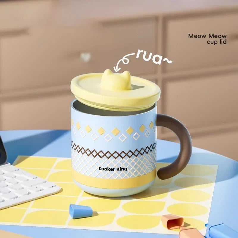 COOKER KING Stainless Steel Thermos Mug Creative Cute Coffee Cup with Lid Heat Insulation Anti-fall Thermos Mug Home Water Cup