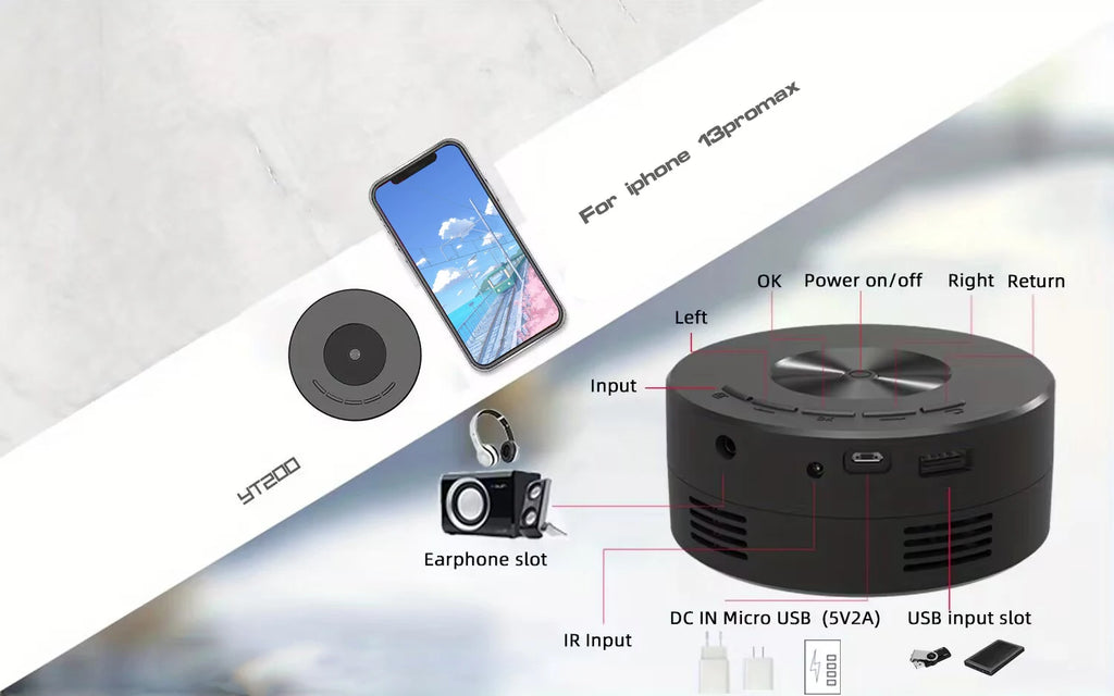 YT200 projector portable home theater small entertainment projector, can be plugged into a phone, supports 5V2A mobile power