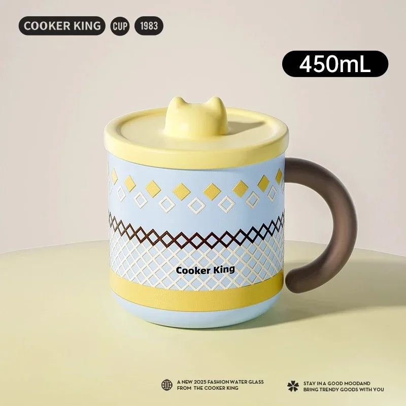 COOKER KING Stainless Steel Thermos Mug Creative Cute Coffee Cup with Lid Heat Insulation Anti-fall Thermos Mug Home Water Cup