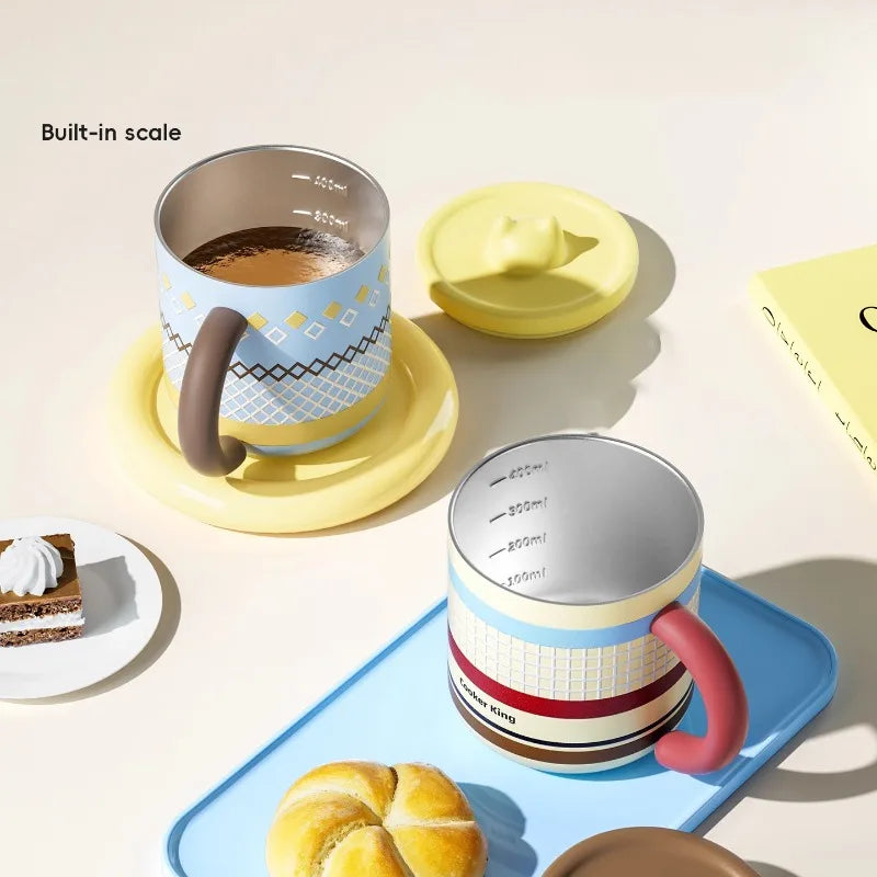 COOKER KING Stainless Steel Thermos Mug Creative Cute Coffee Cup with Lid Heat Insulation Anti-fall Thermos Mug Home Water Cup