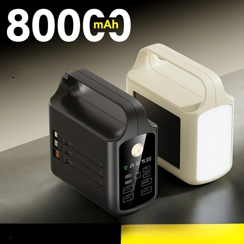 Solar Power Bank 80000mAh Large Capacity Fast Charging Built-in Cable Outdoor Mobile Power Supply  For iPhone & Android