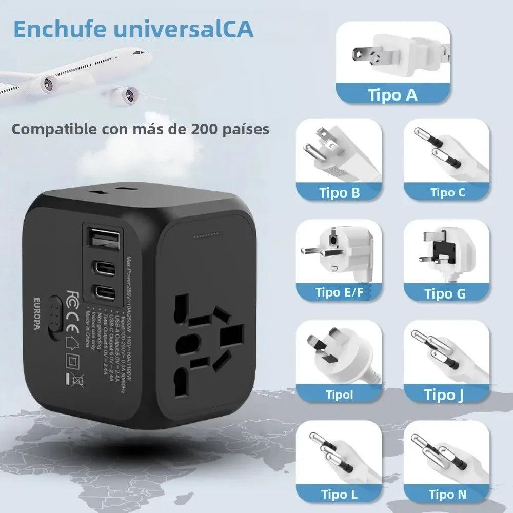 Universal Travel Charger Adapter Plug Adaptor with 2 USB and 1 Type C - Includes US EU UK AU Plugs for International Travel