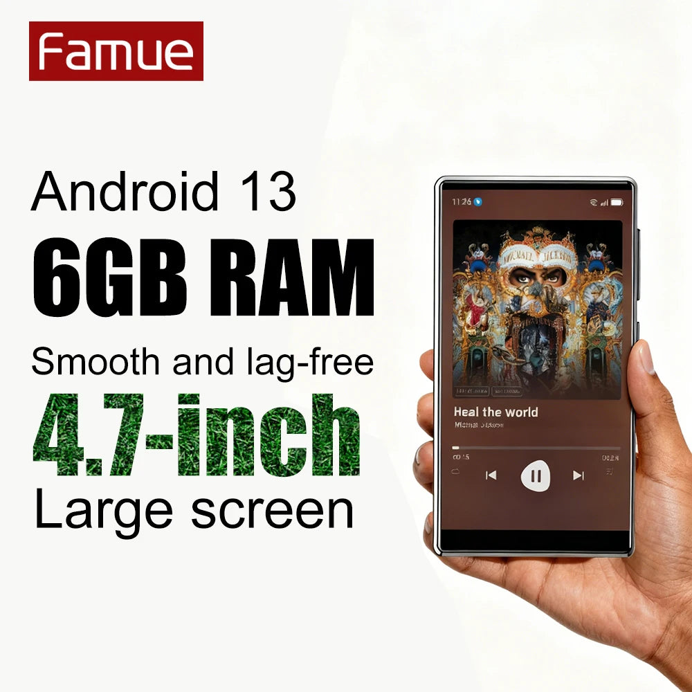 Android 13 MP3 Player 4.7 Inch Screen 6GB+64GB Octa-Core 1TB Expandable Bluetooth 5.0 Loudspeaker HIFI sound Play Store Spotify