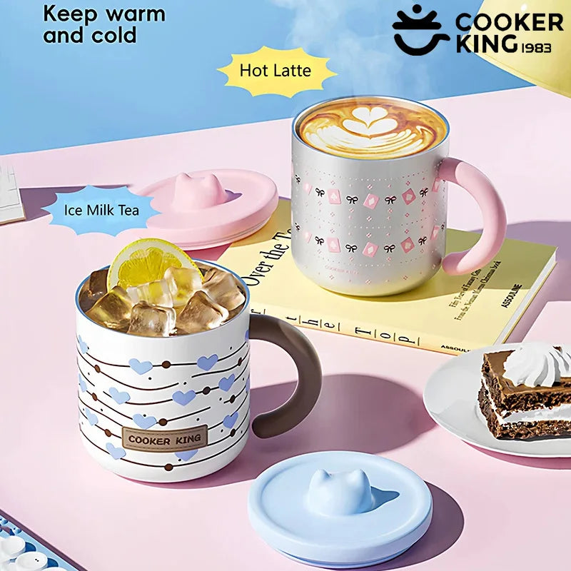COOKER KING Stainless Steel Thermos Mug Creative Cute Coffee Cup with Lid Heat Insulation Anti-fall Thermos Mug Home Water Cup