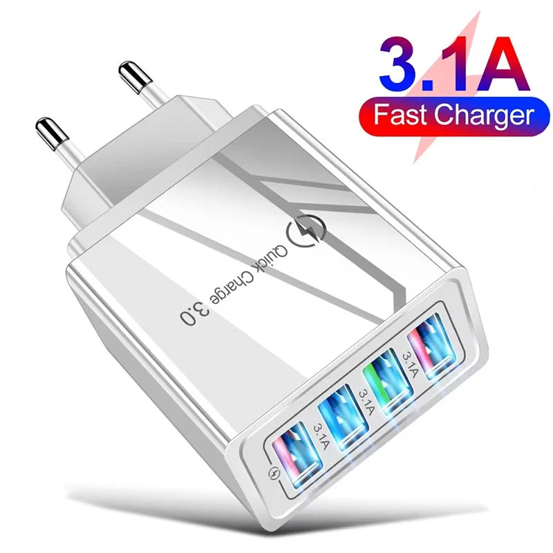 Universal EU Plug USB Charger Quick Charge 3.0 4 Ports Wall Charger Fast Charging For IPhone Xiaomi Huawei Phone Charger Adapter