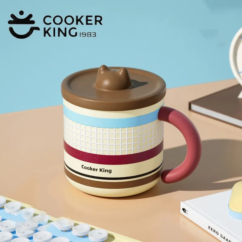 COOKER KING Stainless Steel Thermos Mug Creative Cute Coffee Cup with Lid Heat Insulation Anti-fall Thermos Mug Home Water Cup