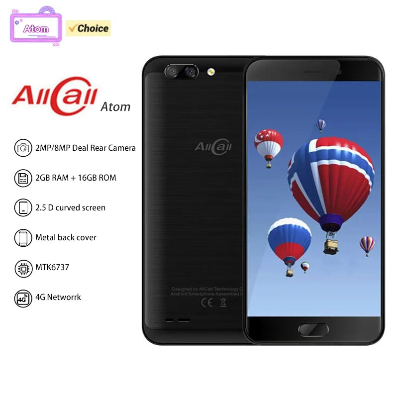 AllCall Atom 4G Smartphone 5.2inches MTK Quad Core 2GB RAM 16GB ROM 8MP LTE Dual SIM Card 2100mAh Android Mobile Phone