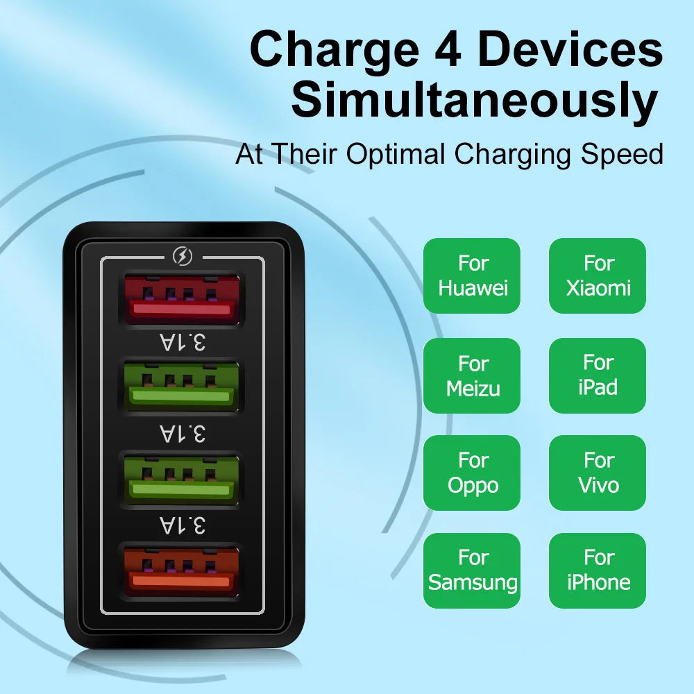 Universal EU Plug USB Charger Quick Charge 3.0 4 Ports Wall Charger Fast Charging For IPhone Xiaomi Huawei Phone Charger Adapter
