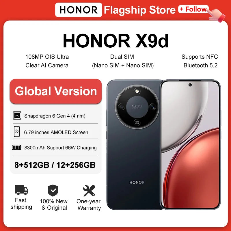 HONOR X9d Global Version 6.79" AMOLED Display 108MP Dual AI Cameras 8300mAh Battery Support 66W Fast Charging Android15 Dual SIM