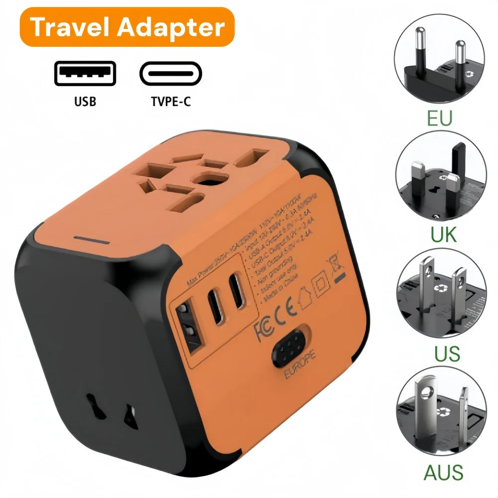 Universal Travel Charger Adapter Plug Adaptor with 2 USB and 1 Type C - Includes US EU UK AU Plugs for International Travel