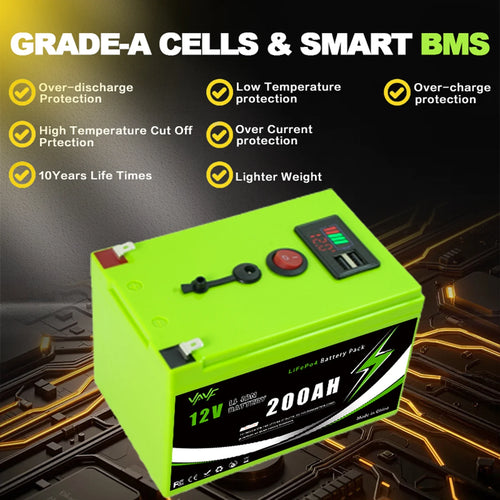 12V 200AH ️Solar Battery☃️ Lithium Deep Cycle Battery🌊Integrated BMS-Perfect for Solar Systems, Campers, Boats&Cabin Power