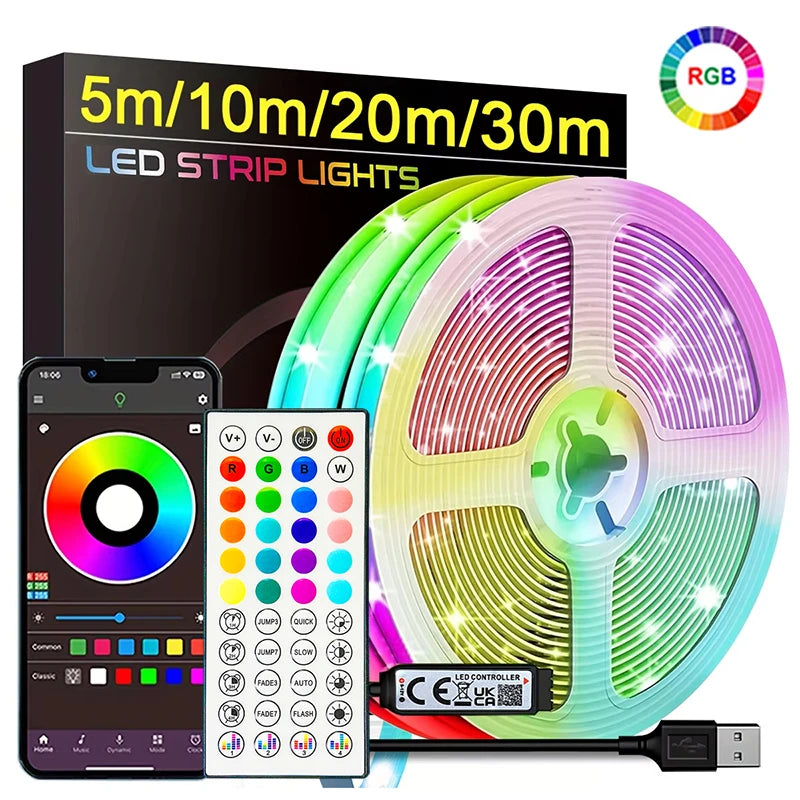 RGB Led Strip Lights 40m 30m 20m 10m 5m Music Sync Led Room Light with APP Control Flexible Ribbon for Room Bedroom Decoration