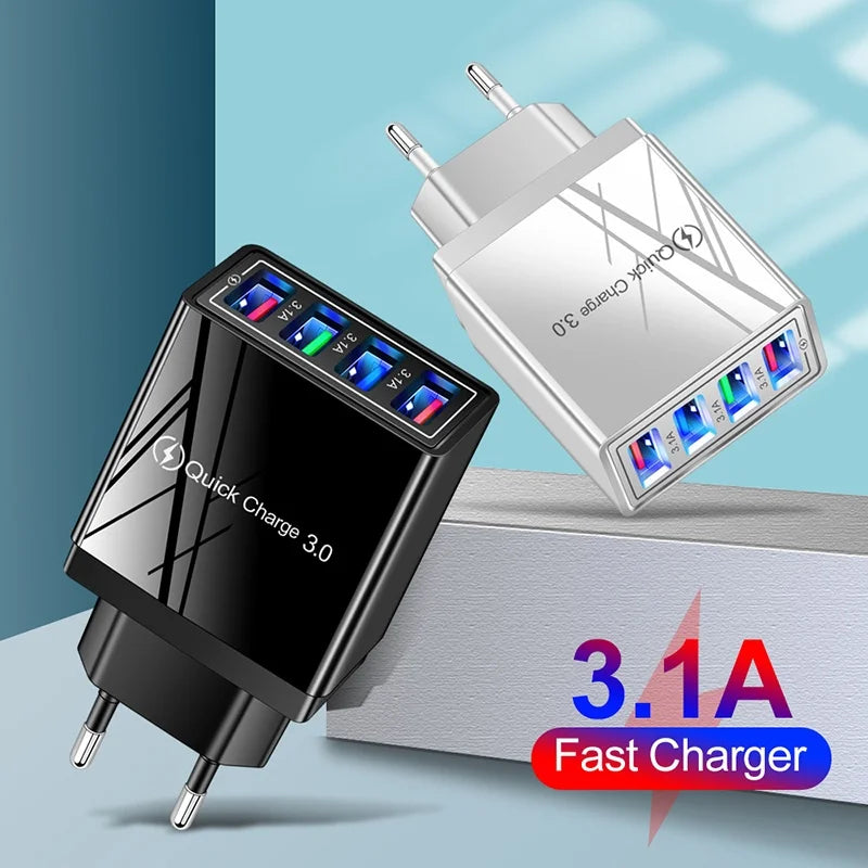 Universal EU Plug USB Charger Quick Charge 3.0 4 Ports Wall Charger Fast Charging For IPhone Xiaomi Huawei Phone Charger Adapter