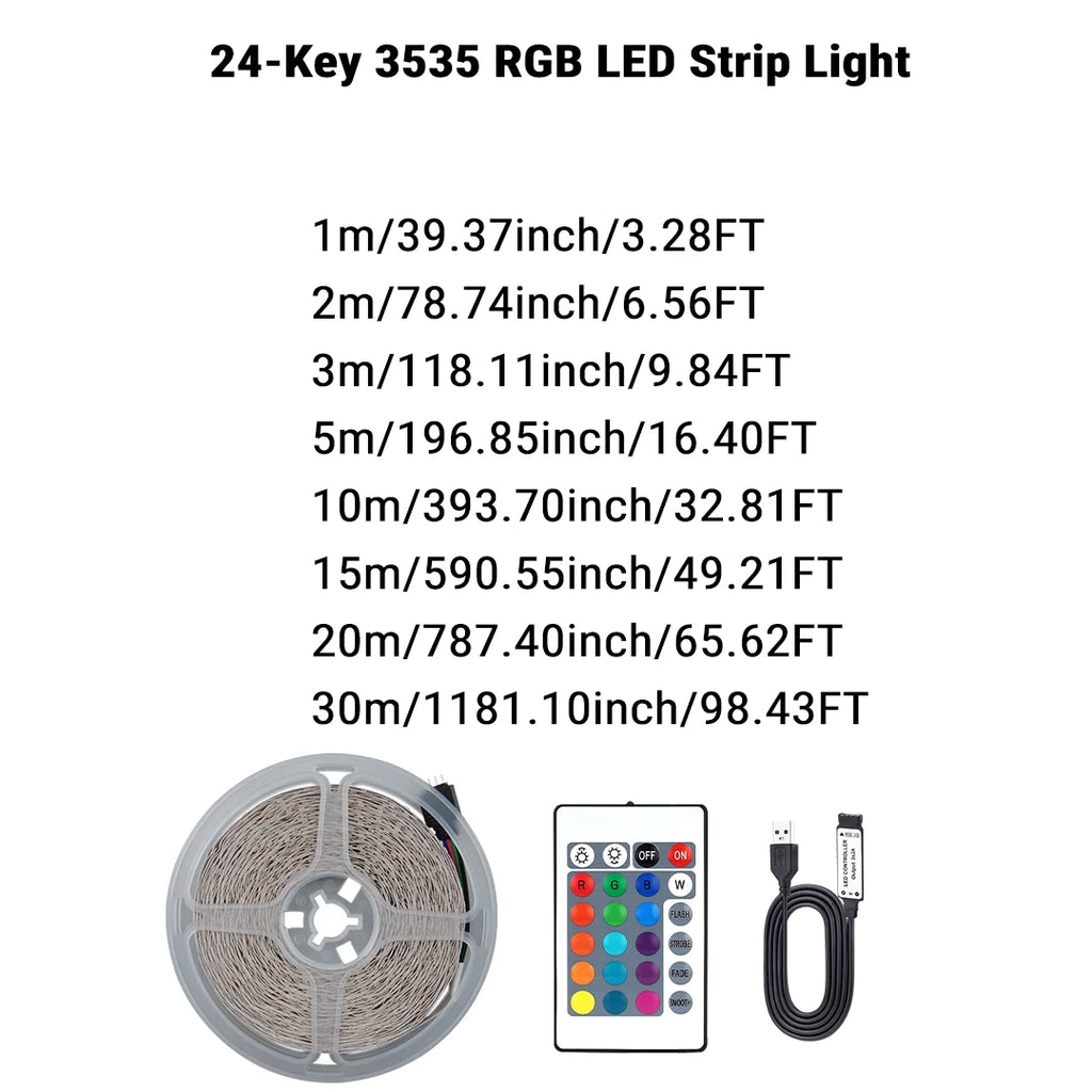 3535 RGB LED Strip, USB 5V, 24-Key IR Remote, Dimmable Color-Changing Light for TV, Bedroom & Gaming
