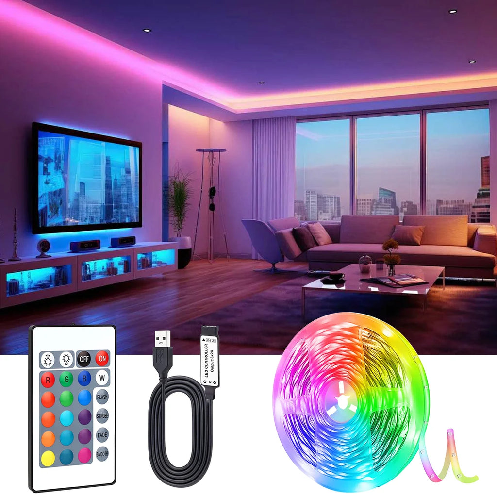 3535 RGB LED Strip, USB 5V, 24-Key IR Remote, Dimmable Color-Changing Light for TV, Bedroom & Gaming