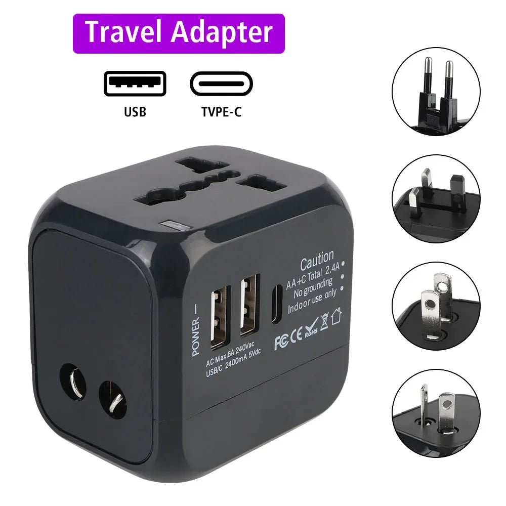 Universal All-in-One Wall Travel Charger Adapter with 2 USB And 1 Type C - Includes US EU UK AU Plugs for International Travel