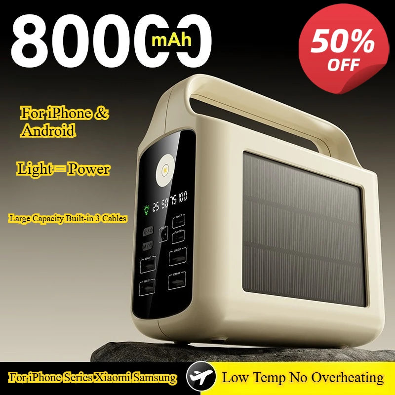 Solar Power Bank 80000mAh Large Capacity Fast Charging Built-in Cable Outdoor Mobile Power Supply  For iPhone & Android