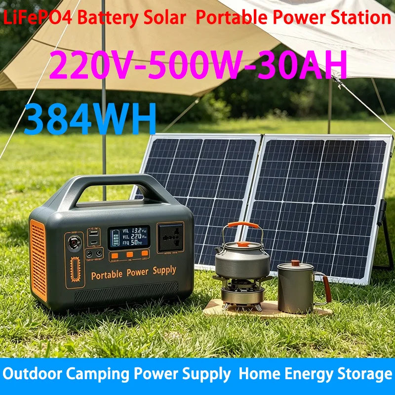 500W Portable Power Station 220V 384Wh Power Bank LiFePO4 Solar Generator For Outdoor Camping Power Supply Home Energy Storage