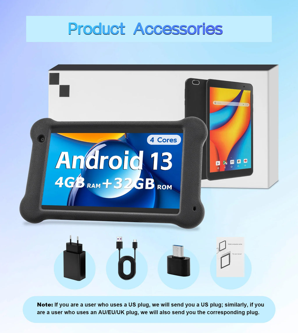 7 Inch Android 13 Kids Tablet 4GB+32GB A133P Quad Core 1024*600 IPS Display 3500mAh 2+5MP Camera WiFi Tablet with Rotatable Case