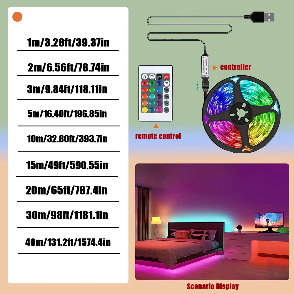 RGB 5050 Strip Light with24 Key Controller, 1m~40m Led Strip Lights for Bedroom, Kitchen, TV, Holidays (Halloween, Birthday)