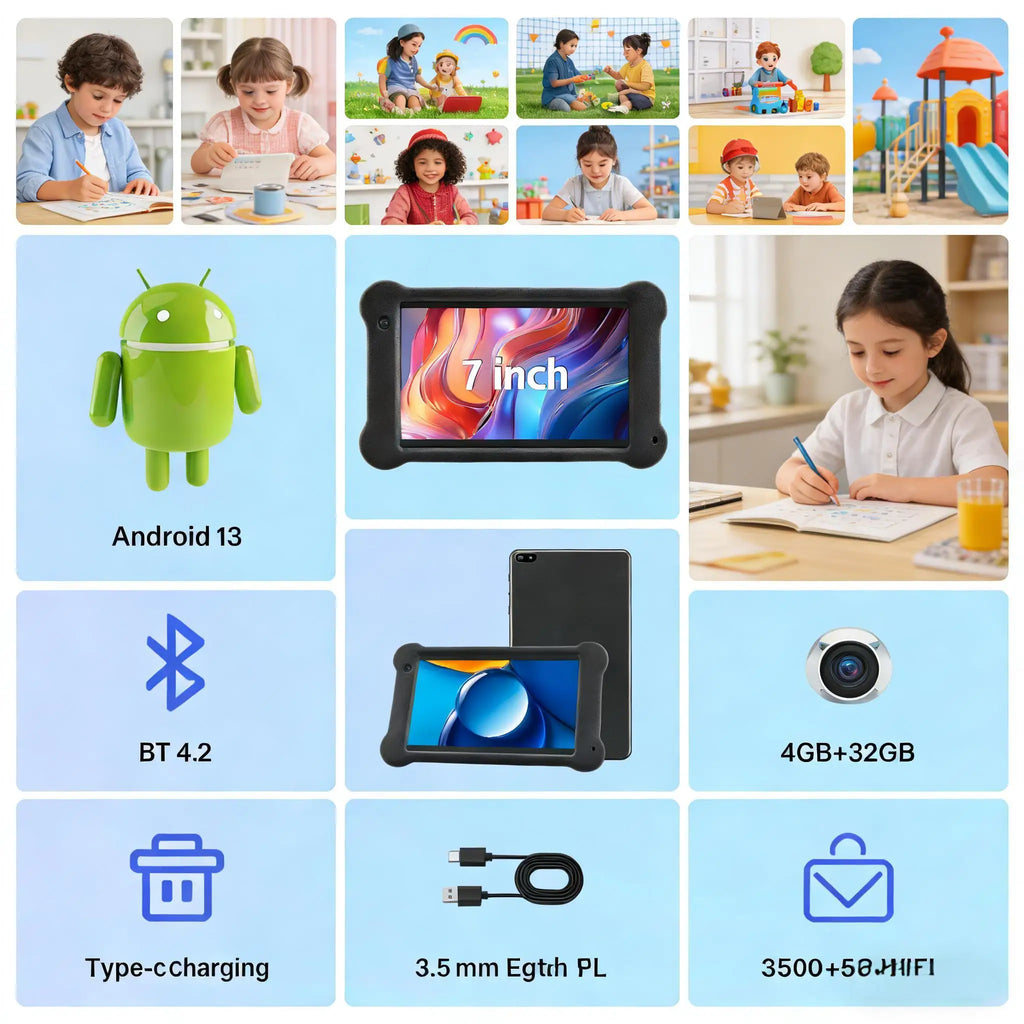 7 Inch Android 13 Kids Tablet 4GB+32GB A133P Quad Core 1024*600 IPS Display 3500mAh 2+5MP Camera WiFi Tablet with Rotatable Case