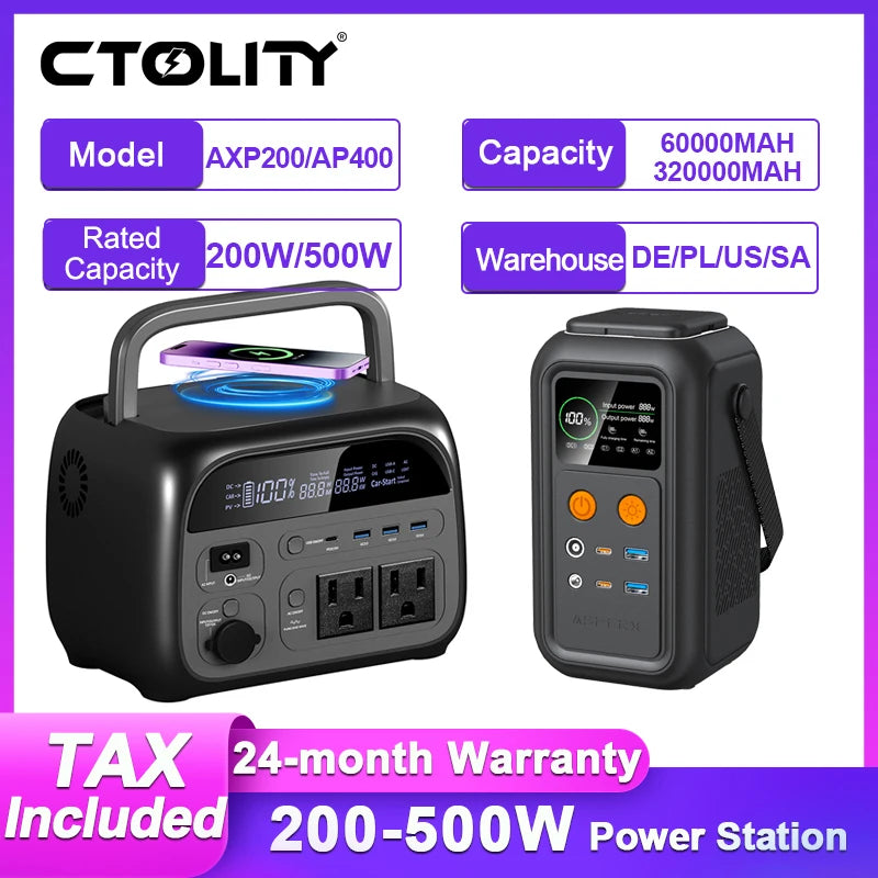 500W 200W Power Station With 100W Solar Panel 18V USB TYPE-C Portable Power Bank 345.6Wh 192Wh Lifepo4 Battery Charging Station