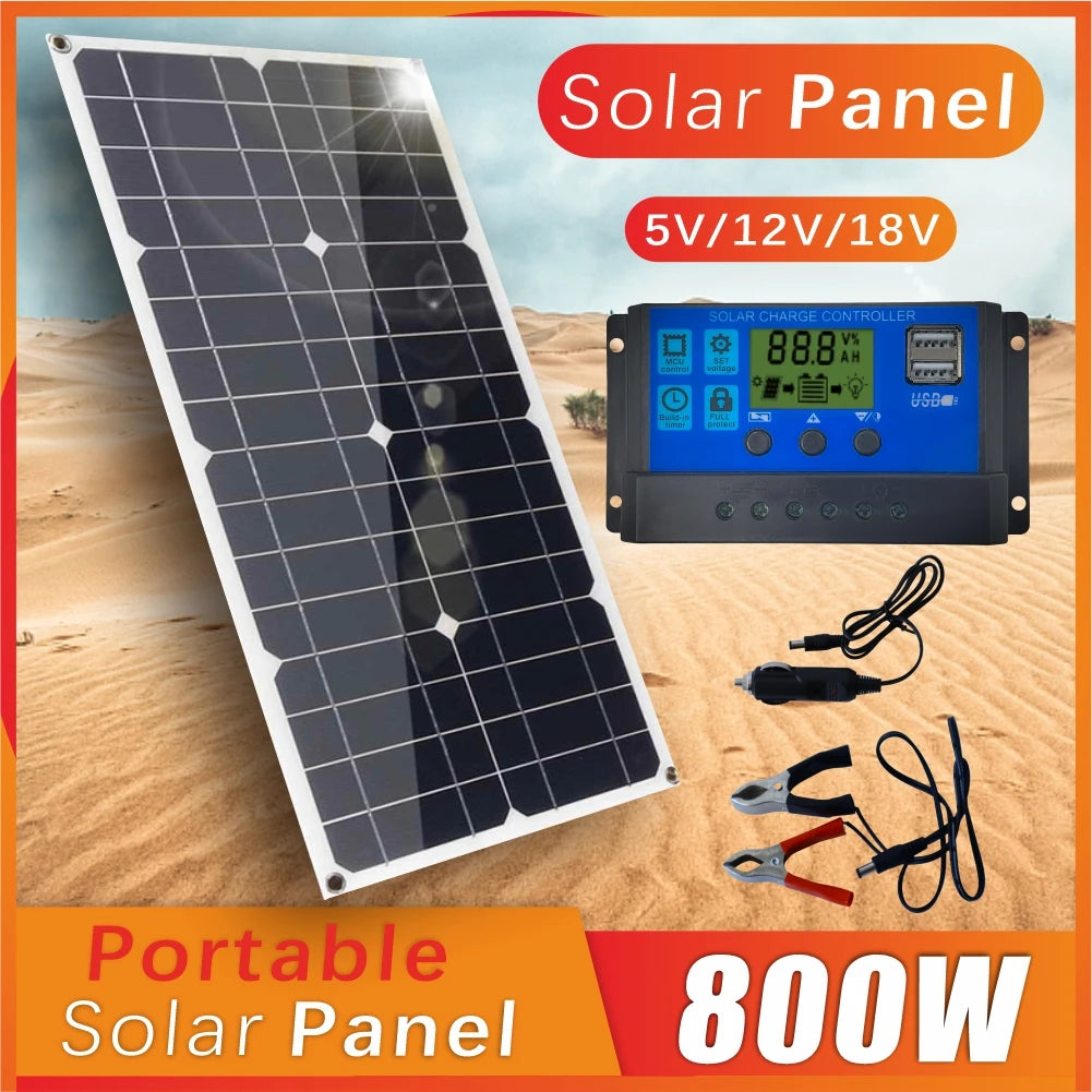 800W Portable Solar Panel Power Bank 12V Solar Panel Kit  Controller Solar Plate For Home/Camping/RV/Car Fast Battery Charger