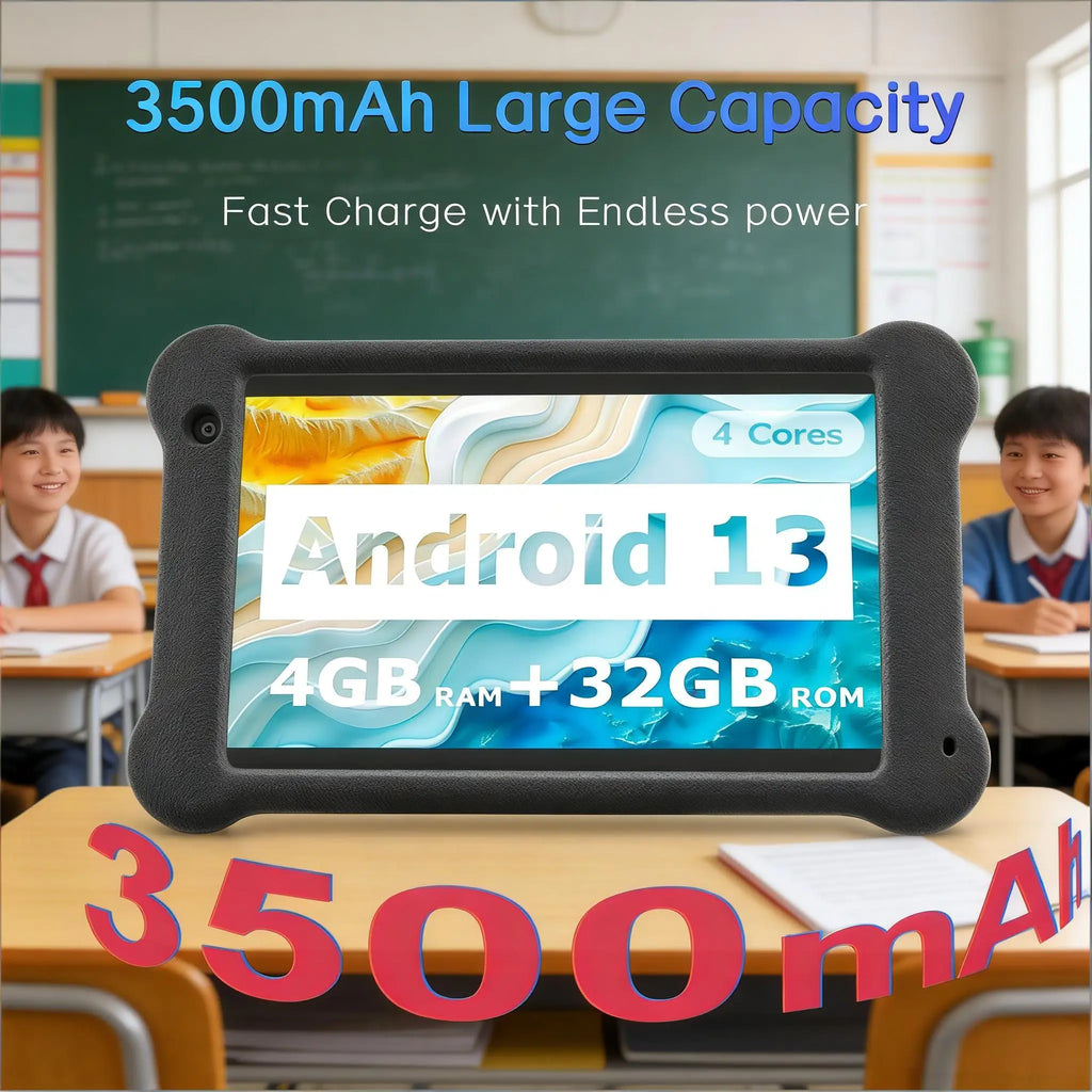 7 Inch Android 13 Kids Tablet 4GB+32GB A133P Quad Core 1024*600 IPS Display 3500mAh 2+5MP Camera WiFi Tablet with Rotatable Case