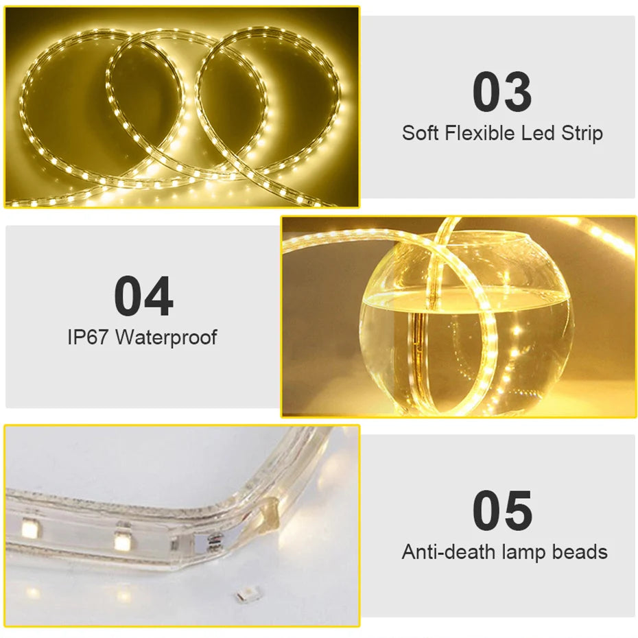 RGB LED Strip Lights 220V 5050SMD EU IP67 Warm White Red Flexible Silicone Tape 10M 25M for Indoor Outdoor Lighting Decoration
