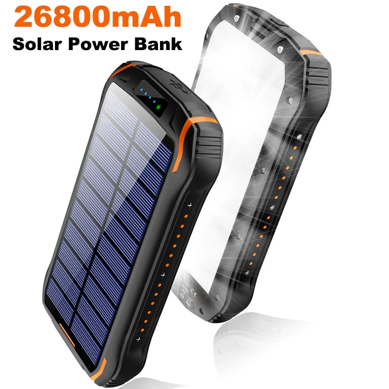 Solar Power Bank 26800mAh Waterproof Portable Solar Panel Fast Charger Powerbank External Battery Power Bank with Camping Light