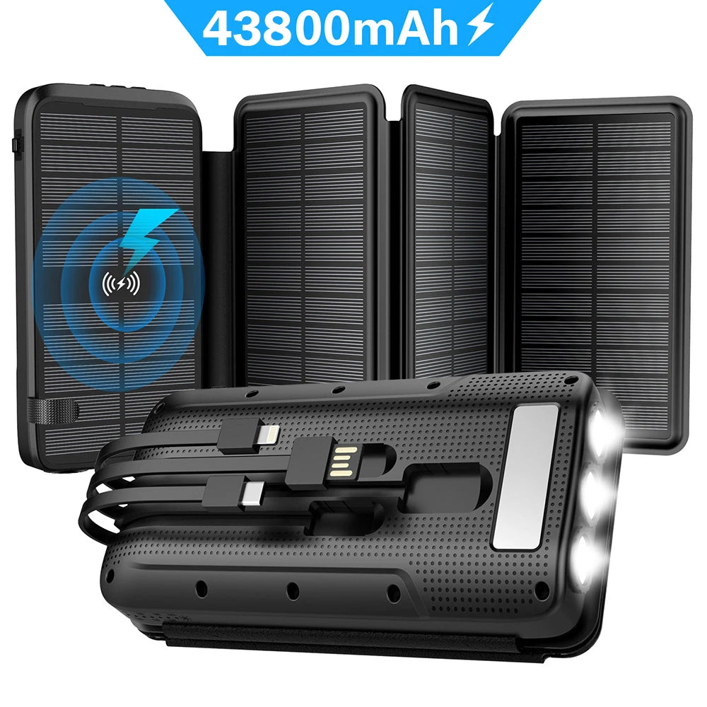 43800mAh Solar Power Bank with 4 Solar Panel Large capacity Wireless Charger Three defenses External Battery LED Light Powerbank
