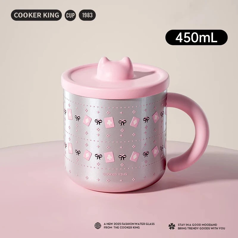 COOKER KING Stainless Steel Thermos Mug Creative Cute Coffee Cup with Lid Heat Insulation Anti-fall Thermos Mug Home Water Cup