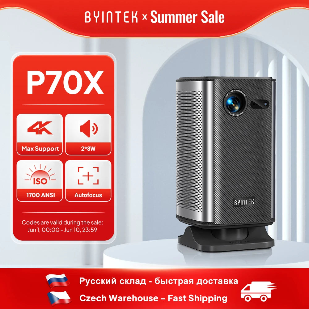 BYINTEK P70X Portable Mini Projector with Built-in Battery 4K Support 3D Wifi for Outdoor Movie Night Home Theater Projectors