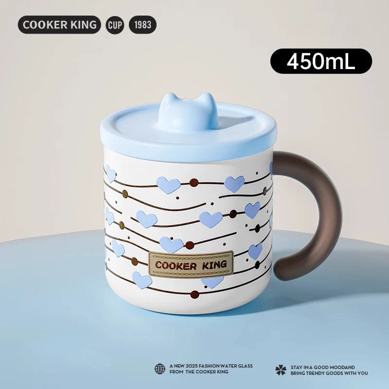 COOKER KING Stainless Steel Thermos Mug Creative Cute Coffee Cup with Lid Heat Insulation Anti-fall Thermos Mug Home Water Cup
