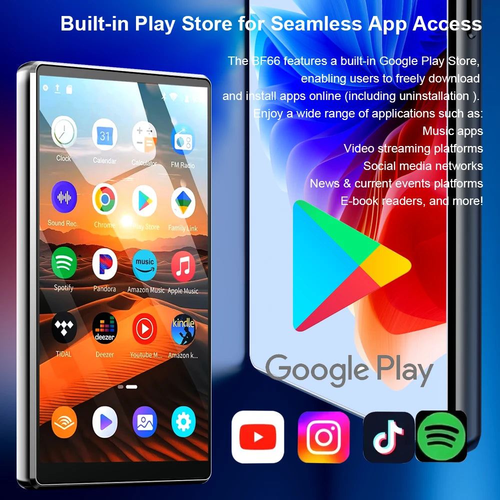 Android 13 MP3 Player 4.7 Inch Screen 6GB+64GB Octa-Core 1TB Expandable Bluetooth 5.0 Loudspeaker HIFI sound Play Store Spotify
