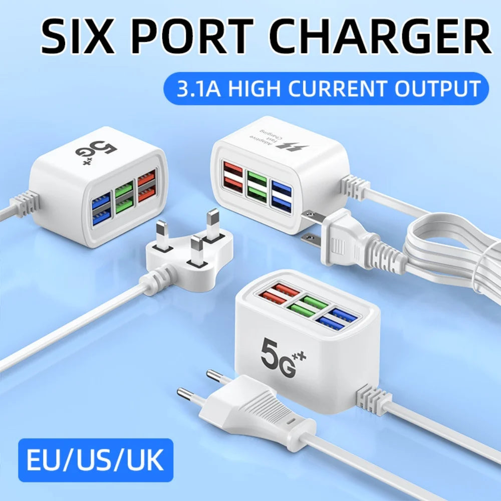 Universal 6 Port USB Charger Power Strip Mobile Phone Charger Wall Adapter Multifunction Electric Socket with 1m Extension Cable