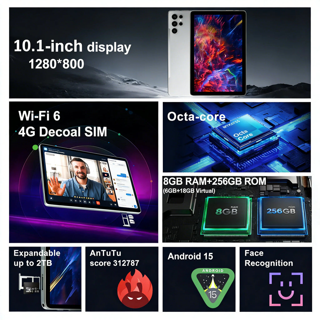 Android 15 tablet, 10.1-inch tablet, 8GB + 256GB, expandable, 2-in-1 tablet with keyboard, protective case, stylus, octa-core