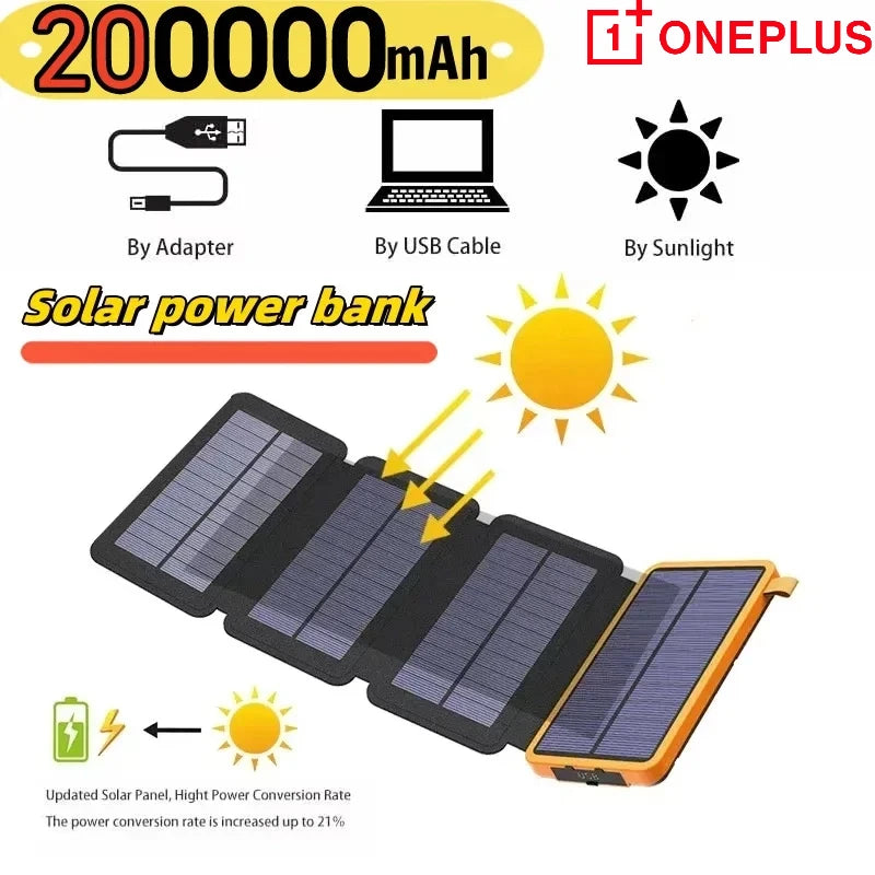 OnePlus 200000mAh Solar Powerbank Portable Folding Solar Panel USB Output Fast Charging Outdoor Camping Waterproof Sun Powerbank