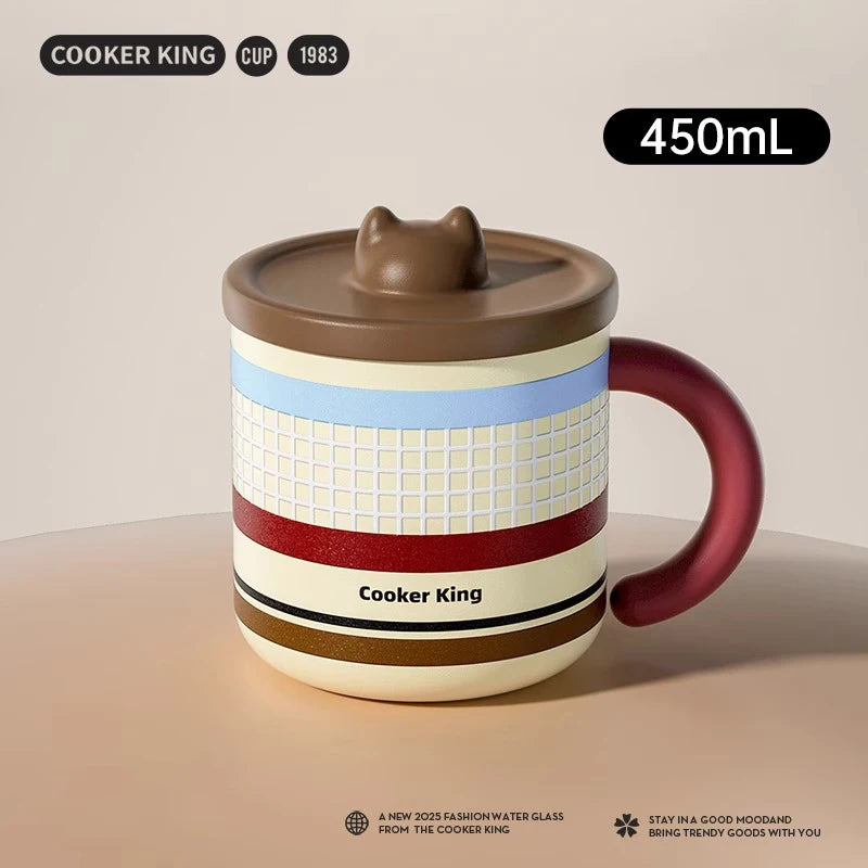 COOKER KING Stainless Steel Thermos Mug Creative Cute Coffee Cup with Lid Heat Insulation Anti-fall Thermos Mug Home Water Cup