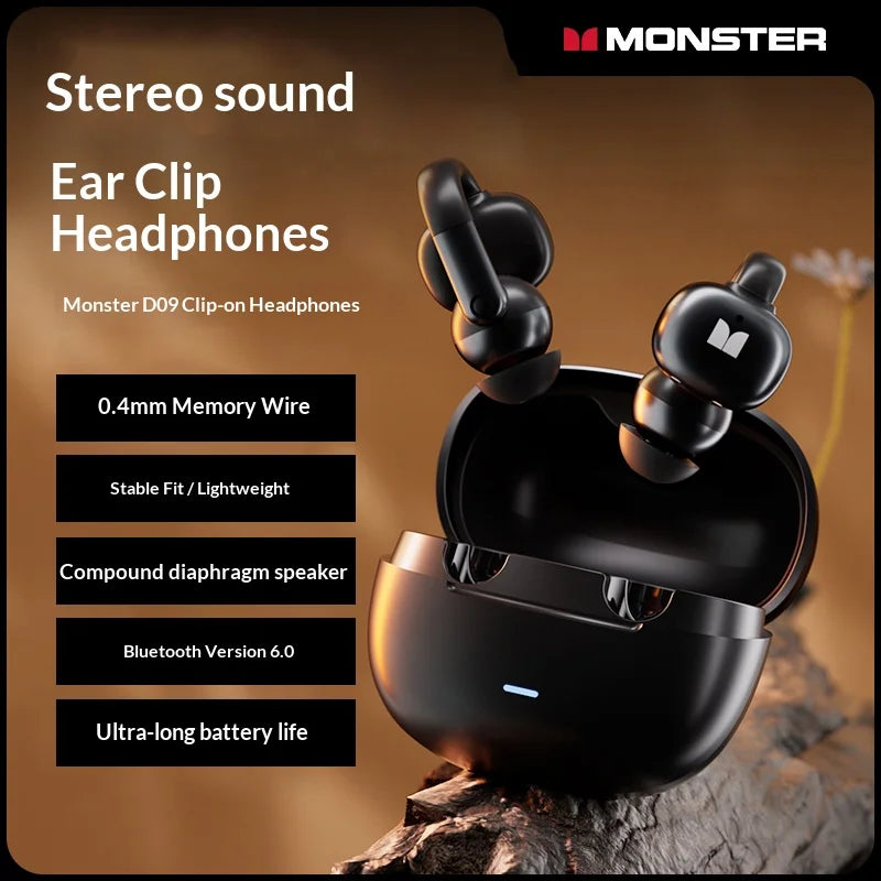 Monster D09 Wireless Bluetooth Earbuds - Earhook Design for Sports, Gaming, and Music - New Model
