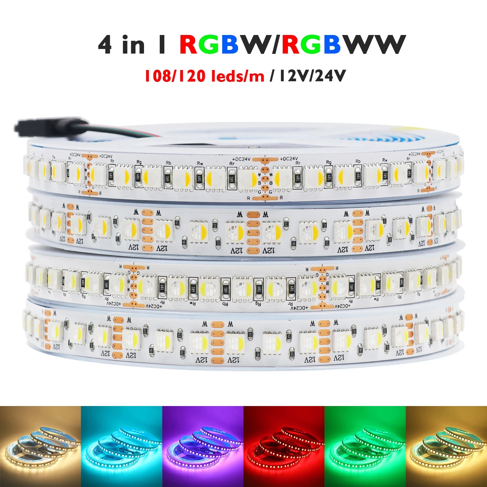 RGBW RGBWW LED Strip Light 12V 24V 4 Colors In 1 Chip SMD5050 60 108 120LEDs/M Flexible LED Tape Ribbon Rope Light 5M for Decor