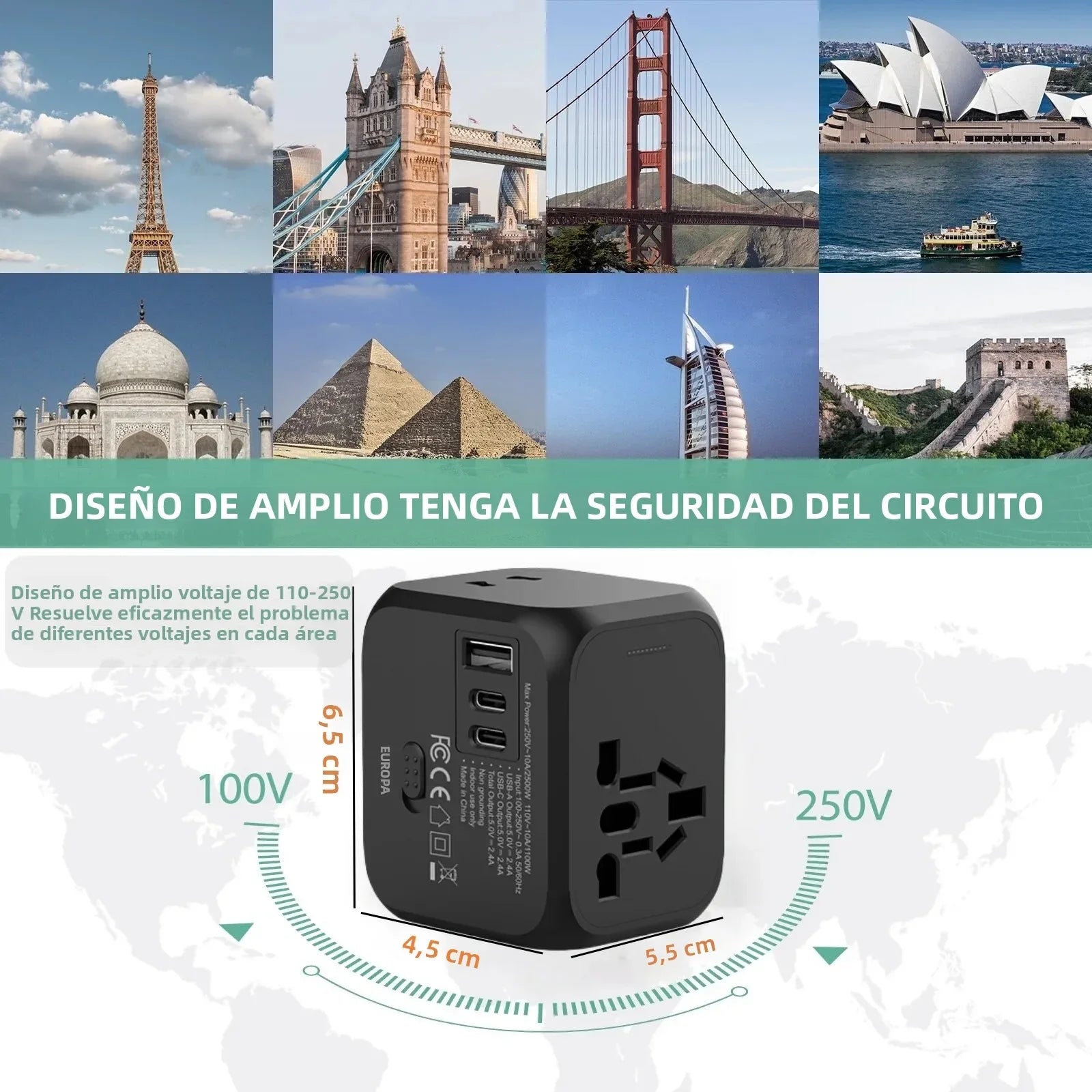 Universal Travel Charger Adapter Plug Adaptor with 2 USB and 1 Type C - Includes US EU UK AU Plugs for International Travel